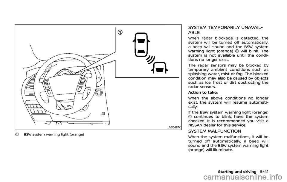 NISSAN ARMADA 2019 Owner´s Manual JVS0687X
BSW system warning light (orange)
SYSTEM TEMPORARILY UNAVAIL-
ABLE
When radar blockage is detected, the
system will be turned off automatically,
a beep will sound and the BSW system
warning l NISSAN ARMADA 2019 Owner´s Manual JVS0687X
BSW system warning light (orange)
SYSTEM TEMPORARILY UNAVAIL-
ABLE
When radar blockage is detected, the
system will be turned off automatically,
a beep will sound and the BSW system
warning l