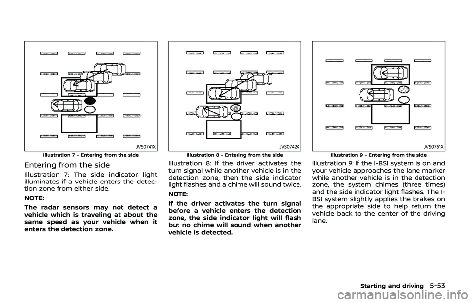 NISSAN ARMADA 2019 Owner´s Manual JVS0741X
Illustration 7 - Entering from the side
Entering from the side
Illustration 7: The side indicator light
illuminates if a vehicle enters the detec-
tion zone from either side.
NOTE:
The radar NISSAN ARMADA 2019 Owner´s Manual JVS0741X
Illustration 7 - Entering from the side
Entering from the side
Illustration 7: The side indicator light
illuminates if a vehicle enters the detec-
tion zone from either side.
NOTE:
The radar