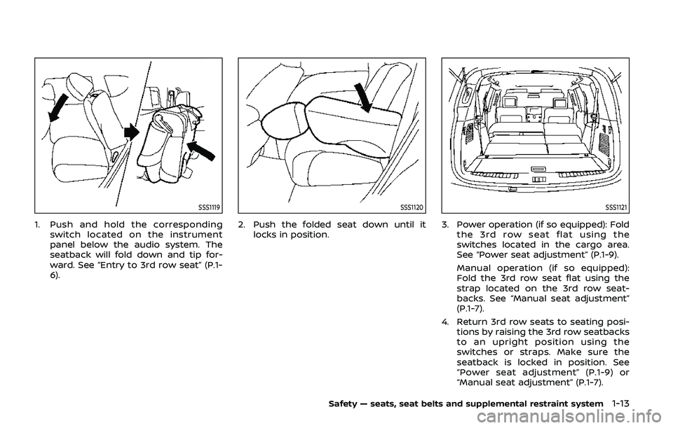 NISSAN ARMADA 2019  Owner´s Manual SSS1119
1. Push and hold the correspondingswitch located on the instrument
panel below the audio system. The
seatback will fold down and tip for-
ward. See “Entry to 3rd row seat” (P.1-
6).
SSS112