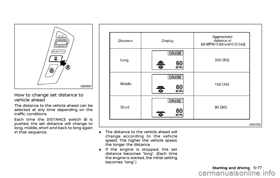 NISSAN ARMADA 2019 Owner´s Manual SSD0967
How to change set distance to
vehicle ahead
The distance to the vehicle ahead can be
selected at any time depending on the
traffic conditions.
Each time the DISTANCE switch
is
pushed, the set NISSAN ARMADA 2019 Owner´s Manual SSD0967
How to change set distance to
vehicle ahead
The distance to the vehicle ahead can be
selected at any time depending on the
traffic conditions.
Each time the DISTANCE switch
is
pushed, the set