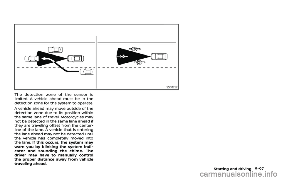NISSAN ARMADA 2019 Owner´s Manual SSD0252
The detection zone of the sensor is
limited. A vehicle ahead must be in the
detection zone for the system to operate.
A vehicle ahead may move outside of the
detection zone due to its position NISSAN ARMADA 2019 Owner´s Manual SSD0252
The detection zone of the sensor is
limited. A vehicle ahead must be in the
detection zone for the system to operate.
A vehicle ahead may move outside of the
detection zone due to its position