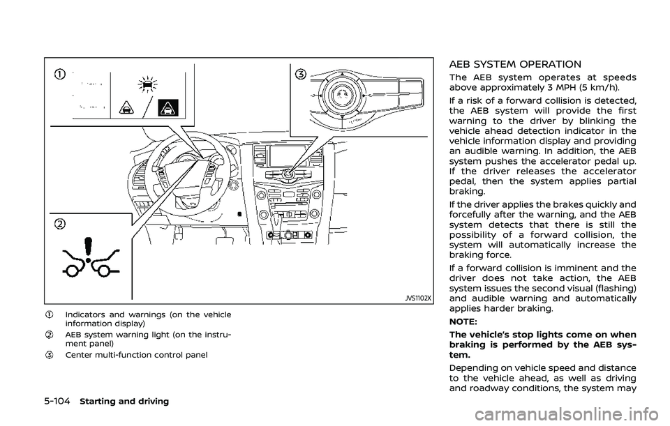 NISSAN ARMADA 2019 Owner´s Manual 5-104Starting and driving
JVS1102X
Indicators and warnings (on the vehicle
information display)
AEB system warning light (on the instru-
ment panel)
Center multi-function control panel
AEB SYSTEM OPER NISSAN ARMADA 2019 Owner´s Manual 5-104Starting and driving
JVS1102X
Indicators and warnings (on the vehicle
information display)
AEB system warning light (on the instru-
ment panel)
Center multi-function control panel
AEB SYSTEM OPER