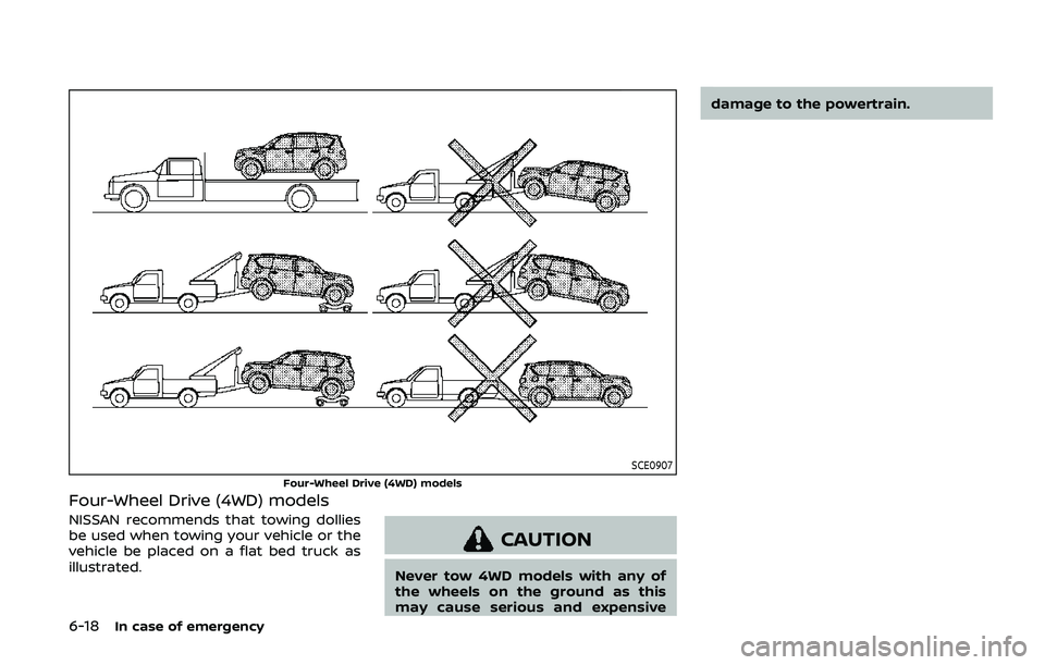 NISSAN ARMADA 2019  Owner´s Manual 6-18In case of emergency
SCE0907
Four-Wheel Drive (4WD) models
Four-Wheel Drive (4WD) models
NISSAN recommends that towing dollies
be used when towing your vehicle or the
vehicle be placed on a flat b