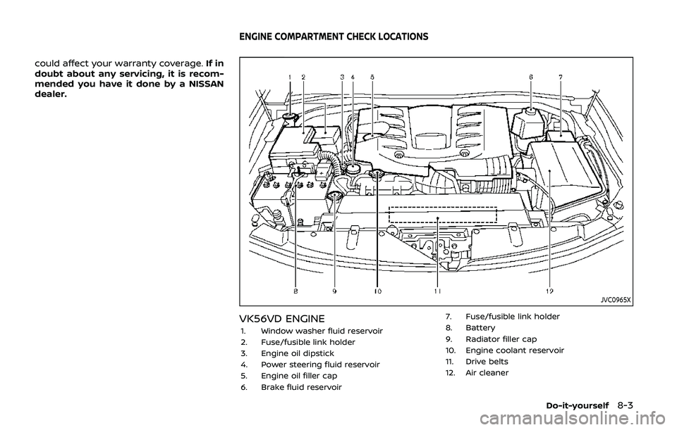 NISSAN ARMADA 2019 Owner´s Manual could affect your warranty coverage.If in
doubt about any servicing, it is recom-
mended you have it done by a NISSAN
dealer.
JVC0965X
VK56VD ENGINE
1. Window washer fluid reservoir
2. Fuse/fusible li NISSAN ARMADA 2019 Owner´s Manual could affect your warranty coverage.If in
doubt about any servicing, it is recom-
mended you have it done by a NISSAN
dealer.
JVC0965X
VK56VD ENGINE
1. Window washer fluid reservoir
2. Fuse/fusible li