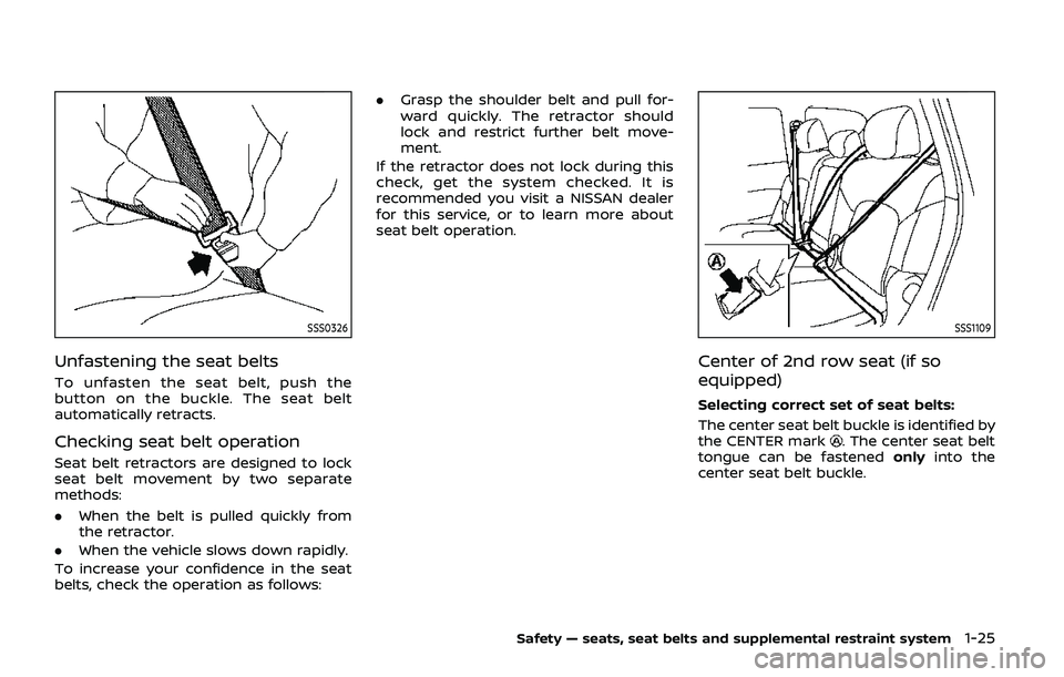 NISSAN ARMADA 2019  Owner´s Manual SSS0326
Unfastening the seat belts
To unfasten the seat belt, push the
button on the buckle. The seat belt
automatically retracts.
Checking seat belt operation
Seat belt retractors are designed to loc