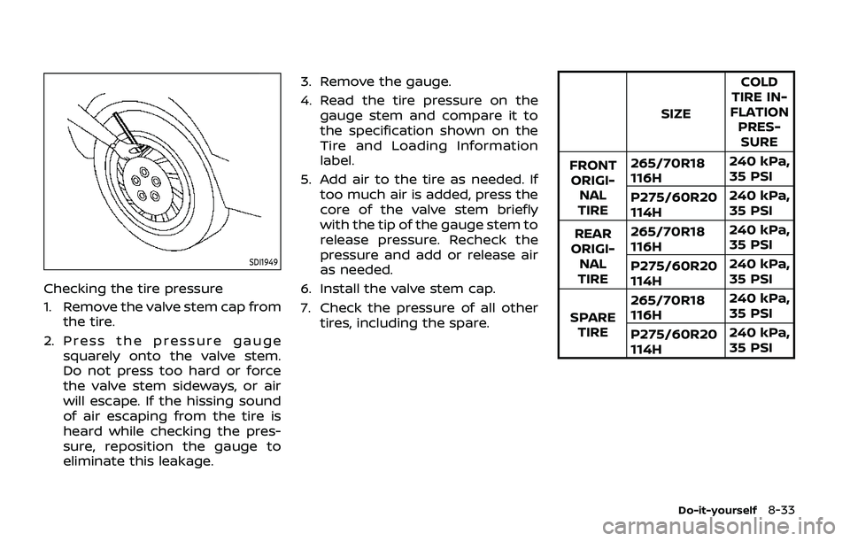 NISSAN ARMADA 2019  Owner´s Manual SDI1949
Checking the tire pressure
1. Remove the valve stem cap fromthe tire.
2. Press the pressure gauge squarely onto the valve stem.
Do not press too hard or force
the valve stem sideways, or air
w
