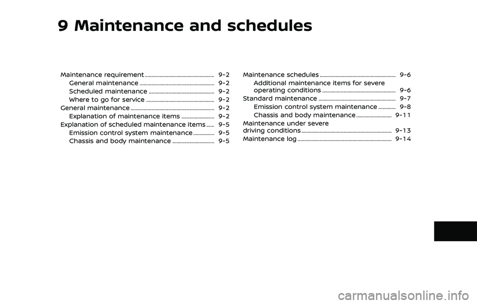 NISSAN ARMADA 2019 Owner´s Manual 9 Maintenance and schedules
Maintenance requirement ..................................................... 9-2General maintenance ......................................................... 9-2
Scheduled NISSAN ARMADA 2019 Owner´s Manual 9 Maintenance and schedules
Maintenance requirement ..................................................... 9-2General maintenance ......................................................... 9-2
Scheduled