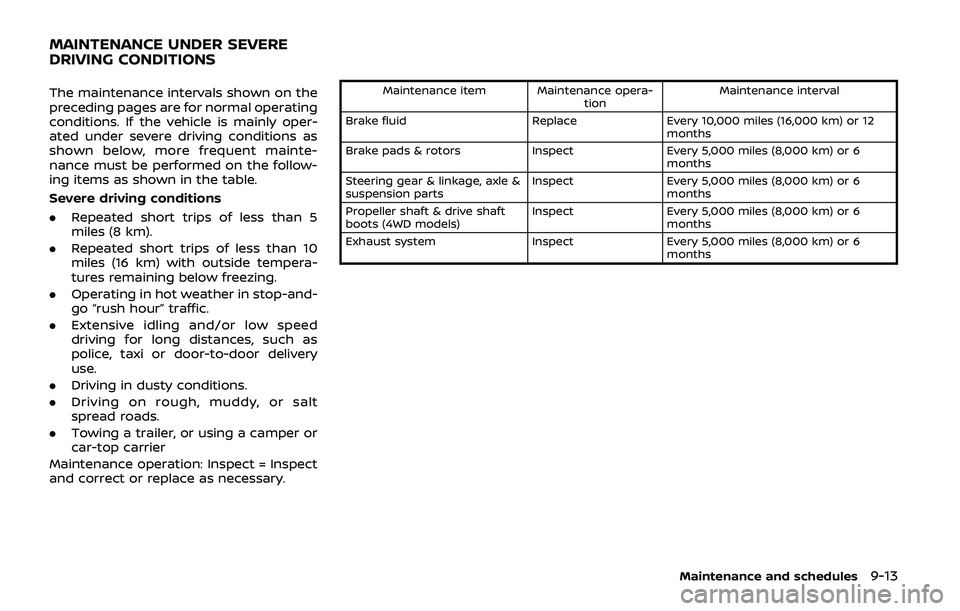 NISSAN ARMADA 2019  Owner´s Manual The maintenance intervals shown on the
preceding pages are for normal operating
conditions. If the vehicle is mainly oper-
ated under severe driving conditions as
shown below, more frequent mainte-
na