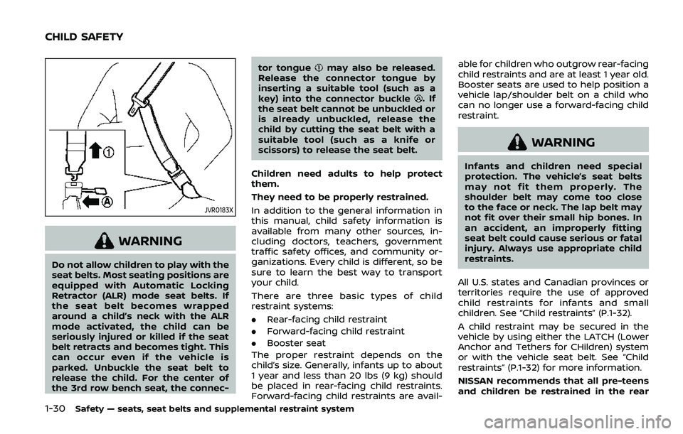 NISSAN ARMADA 2019  Owner´s Manual 1-30Safety — seats, seat belts and supplemental restraint system
JVR0183X
WARNING
Do not allow children to play with the
seat belts. Most seating positions are
equipped with Automatic Locking
Retrac