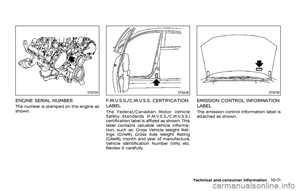 NISSAN ARMADA 2019  Owner´s Manual STI0709
ENGINE SERIAL NUMBER
The number is stamped on the engine as
shown.
STI0448
F.M.V.S.S./C.M.V.S.S. CERTIFICATION
LABEL
The Federal/Canadian Motor Vehicle
Safety Standards (F.M.V.S.S./C.M.V.S.S.)