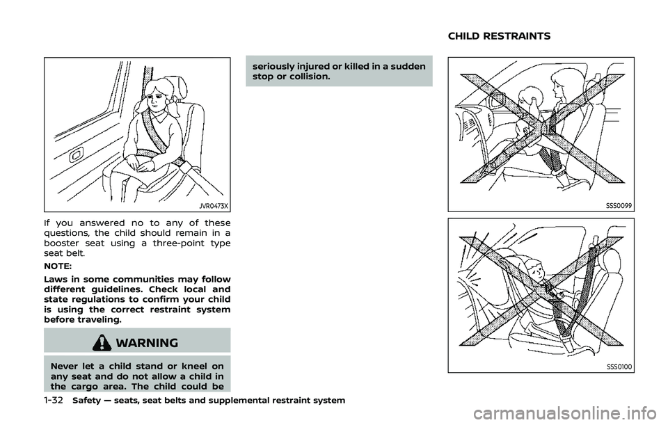 NISSAN ARMADA 2019  Owner´s Manual 1-32Safety — seats, seat belts and supplemental restraint system
JVR0473X
If you answered no to any of these
questions, the child should remain in a
booster seat using a three-point type
seat belt.
