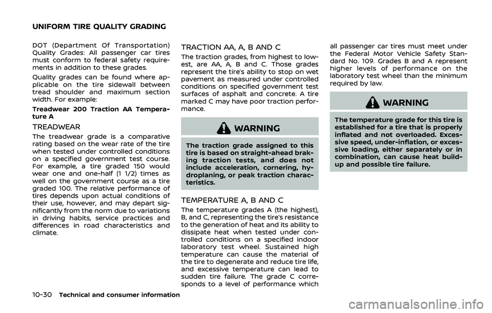 NISSAN ARMADA 2019 Owner´s Manual 10-30Technical and consumer information
DOT (Department Of Transportation)
Quality Grades: All passenger car tires
must conform to federal safety require-
ments in addition to these grades.
Quality gr NISSAN ARMADA 2019 Owner´s Manual 10-30Technical and consumer information
DOT (Department Of Transportation)
Quality Grades: All passenger car tires
must conform to federal safety require-
ments in addition to these grades.
Quality gr