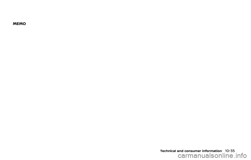NISSAN ARMADA 2019 Owner´s Manual MEMO
Technical and consumer information10-35 NISSAN ARMADA 2019 Owner´s Manual MEMO
Technical and consumer information10-35