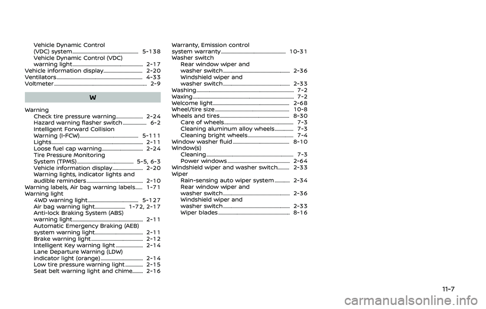 NISSAN ARMADA 2019 Owner´s Manual Vehicle Dynamic Control
(VDC) system ........................................................ 5-138
Vehicle Dynamic Control (VDC)
warning light ........................................................ NISSAN ARMADA 2019 Owner´s Manual Vehicle Dynamic Control
(VDC) system ........................................................ 5-138
Vehicle Dynamic Control (VDC)
warning light ........................................................