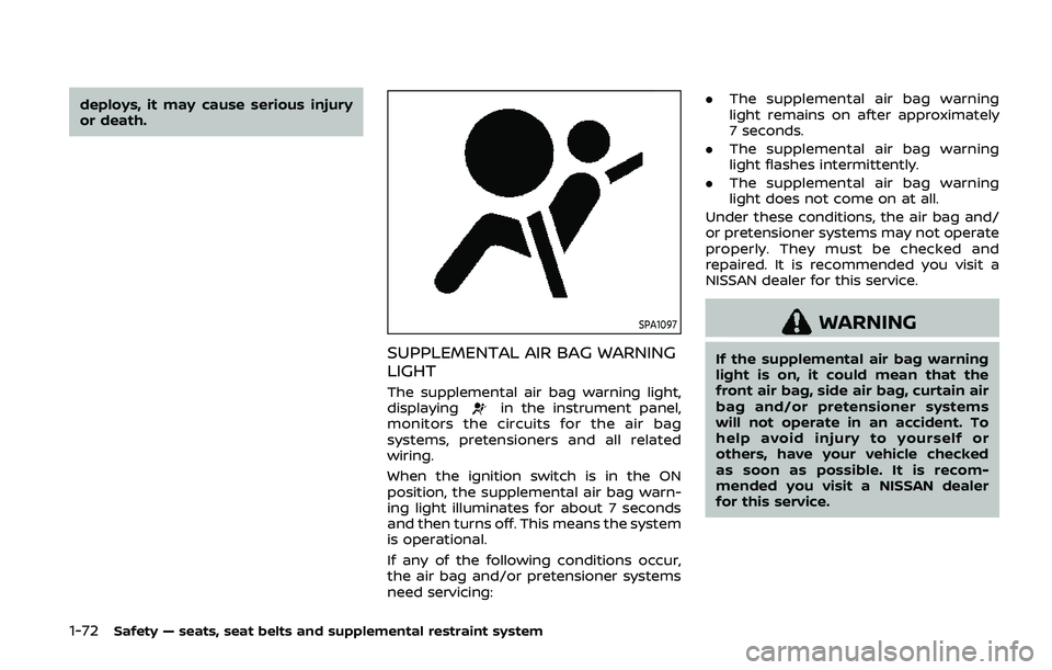 NISSAN ARMADA 2019  Owner´s Manual 1-72Safety — seats, seat belts and supplemental restraint system
deploys, it may cause serious injury
or death.
SPA1097
SUPPLEMENTAL AIR BAG WARNING
LIGHT
The supplemental air bag warning light,
dis