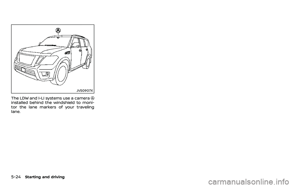 NISSAN ARMADA 2018  Owner´s Manual 5-24Starting and driving
JVS0907X
The LDW and I-LI systems use a camerainstalled behind the windshield to moni-
tor the lane markers of your traveling
lane. 