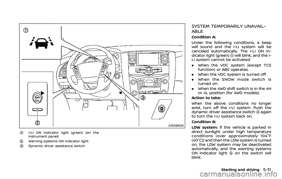 NISSAN ARMADA 2018  Owner´s Manual JVS0882X
I-LI ON indicator light (green) (on the
instrument panel)
Warning systems ON indicator light
Dynamic driver assistance switch
SYSTEM TEMPORARILY UNAVAIL-
ABLE
Condition A:
Under the following