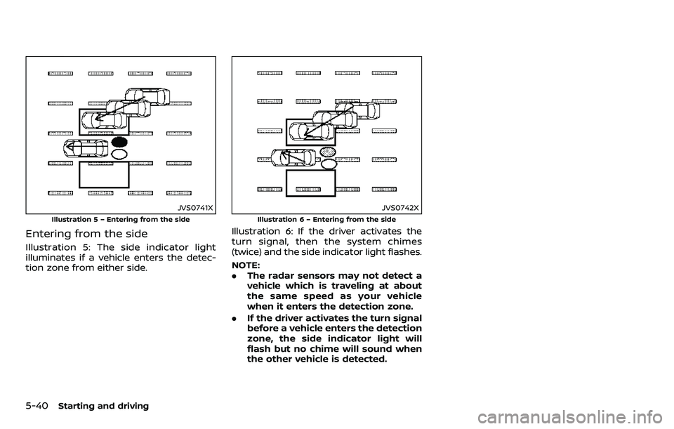 NISSAN ARMADA 2018  Owner´s Manual 5-40Starting and driving
JVS0741X
Illustration 5 – Entering from the side
Entering from the side
Illustration 5: The side indicator light
illuminates if a vehicle enters the detec-
tion zone from ei