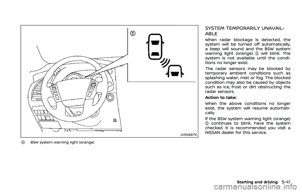 NISSAN ARMADA 2018  Owner´s Manual JVS0687X
BSW system warning light (orange)
SYSTEM TEMPORARILY UNAVAIL-
ABLE
When radar blockage is detected, the
system will be turned off automatically,
a beep will sound and the BSW system
warning l