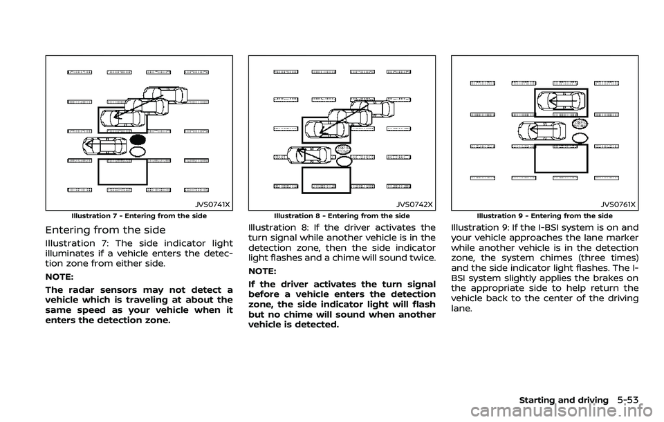 NISSAN ARMADA 2018  Owner´s Manual JVS0741X
Illustration 7 - Entering from the side
Entering from the side
Illustration 7: The side indicator light
illuminates if a vehicle enters the detec-
tion zone from either side.
NOTE:
The radar 