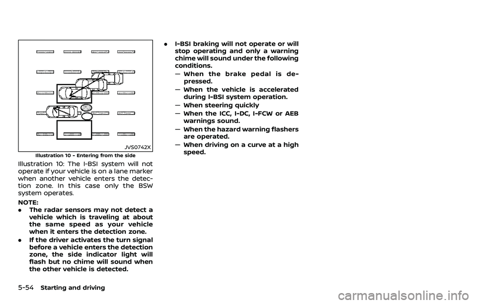 NISSAN ARMADA 2018  Owner´s Manual 5-54Starting and driving
JVS0742X
Illustration 10 - Entering from the side
Illustration 10: The I-BSI system will not
operate if your vehicle is on a lane marker
when another vehicle enters the detec-