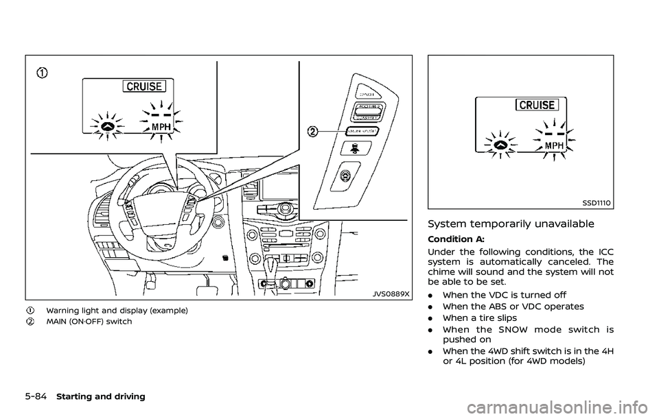 NISSAN ARMADA 2018  Owner´s Manual 5-84Starting and driving
JVS0889X
Warning light and display (example)
MAIN (ON·OFF) switch
SSD1110
System temporarily unavailable
Condition A:
Under the following conditions, the ICC
system is automa