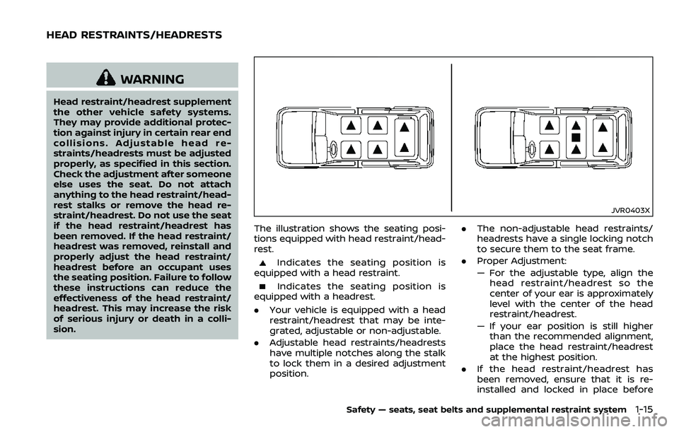 NISSAN ARMADA 2018 Owner´s Manual WARNING
Head restraint/headrest supplement
the other vehicle safety systems.
They may provide additional protec-
tion against injury in certain rear end
collisions. Adjustable head re-
straints/headre NISSAN ARMADA 2018 Owner´s Manual WARNING
Head restraint/headrest supplement
the other vehicle safety systems.
They may provide additional protec-
tion against injury in certain rear end
collisions. Adjustable head re-
straints/headre