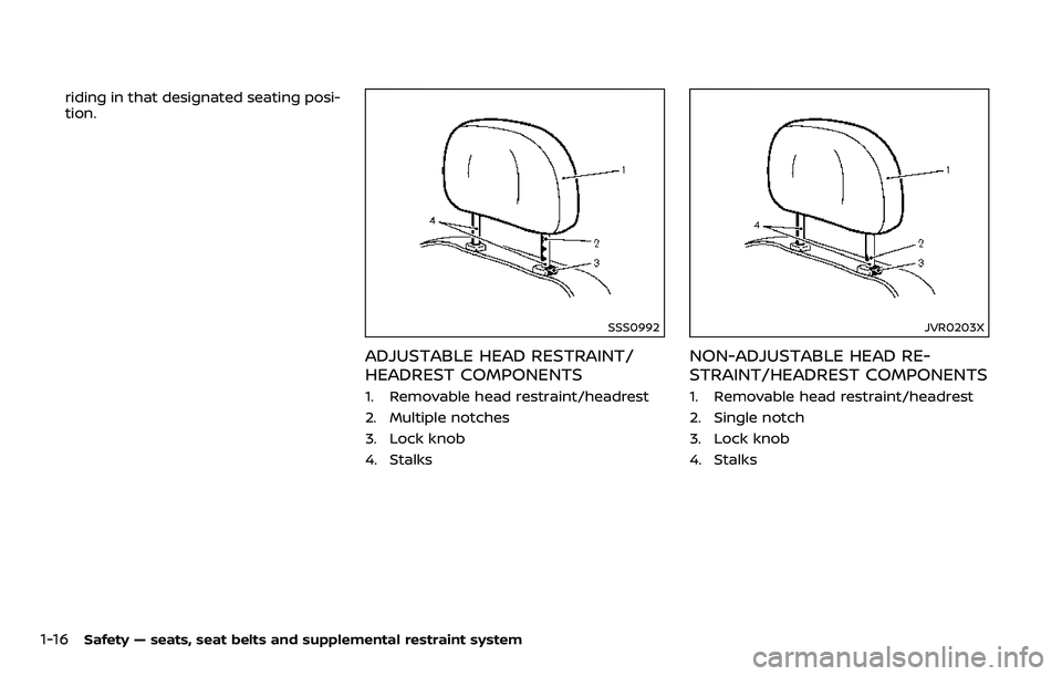 NISSAN ARMADA 2018 Owner´s Manual 1-16Safety — seats, seat belts and supplemental restraint system
riding in that designated seating posi-
tion.
SSS0992
ADJUSTABLE HEAD RESTRAINT/
HEADREST COMPONENTS
1. Removable head restraint/head NISSAN ARMADA 2018 Owner´s Manual 1-16Safety — seats, seat belts and supplemental restraint system
riding in that designated seating posi-
tion.
SSS0992
ADJUSTABLE HEAD RESTRAINT/
HEADREST COMPONENTS
1. Removable head restraint/head