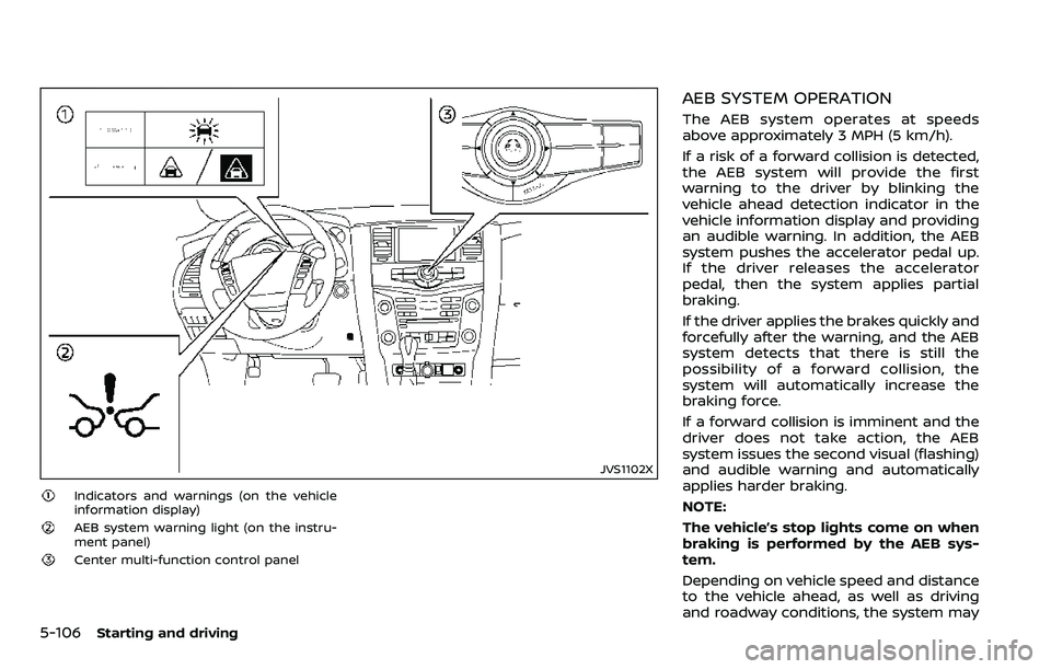 NISSAN ARMADA 2018  Owner´s Manual 5-106Starting and driving
JVS1102X
Indicators and warnings (on the vehicle
information display)
AEB system warning light (on the instru-
ment panel)
Center multi-function control panel
AEB SYSTEM OPER