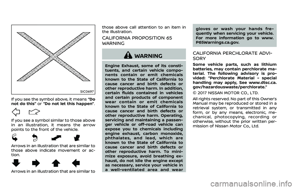 NISSAN ARMADA 2018 Owner´s Manual SIC0697
If you see the symbol above, it means“Do
not do this” or“Do not let this happen”.
If you see a symbol similar to those above
in an illustration, it means the arrow
points to the front NISSAN ARMADA 2018 Owner´s Manual SIC0697
If you see the symbol above, it means“Do
not do this” or“Do not let this happen”.
If you see a symbol similar to those above
in an illustration, it means the arrow
points to the front