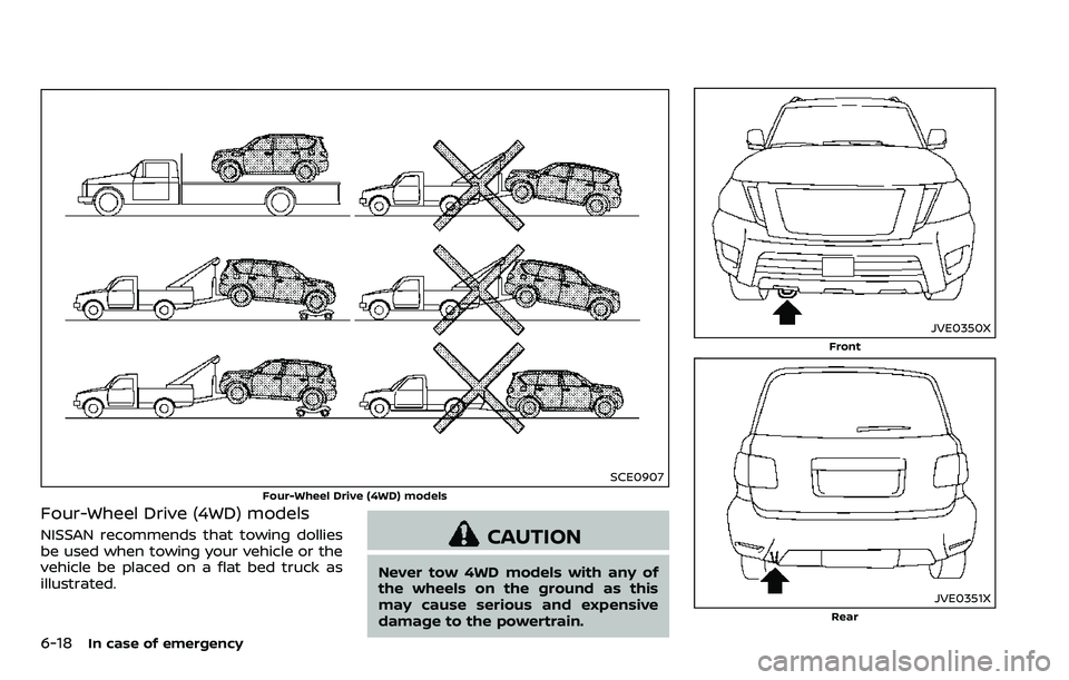 NISSAN ARMADA 2018  Owner´s Manual 6-18In case of emergency
SCE0907
Four-Wheel Drive (4WD) models
Four-Wheel Drive (4WD) models
NISSAN recommends that towing dollies
be used when towing your vehicle or the
vehicle be placed on a flat b