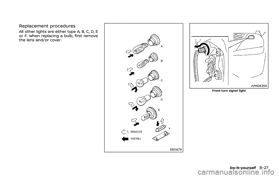NISSAN ARMADA 2018  Owner´s Manual Replacement procedures
All other lights are either type A, B, C, D, E
or F. When replacing a bulb, first remove
the lens and/or cover.
SDI1679
JVM0825X
Front turn signal light
Do-it-yourself8-27 