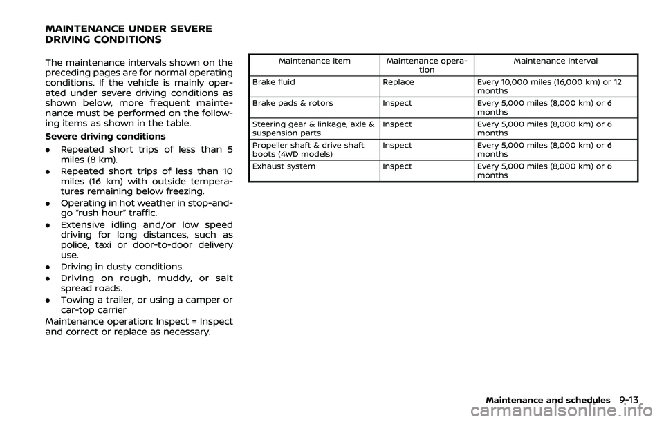 NISSAN ARMADA 2018  Owner´s Manual The maintenance intervals shown on the
preceding pages are for normal operating
conditions. If the vehicle is mainly oper-
ated under severe driving conditions as
shown below, more frequent mainte-
na
