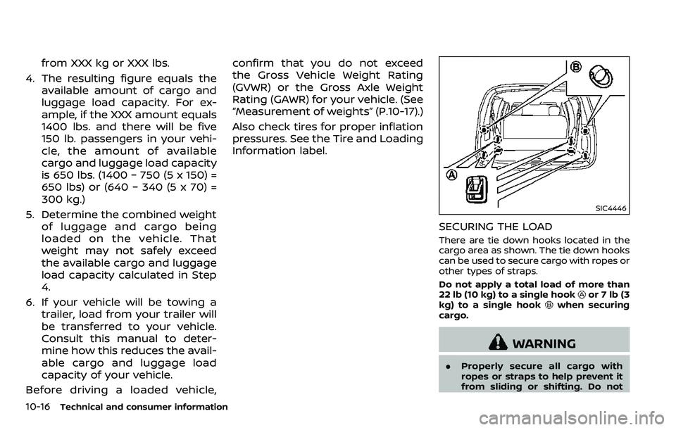 NISSAN ARMADA 2018  Owner´s Manual 10-16Technical and consumer information
from XXX kg or XXX lbs.
4. The resulting figure equals the available amount of cargo and
luggage load capacity. For ex-
ample, if the XXX amount equals
1400 lbs