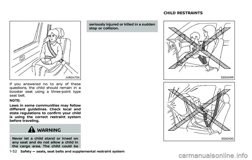 NISSAN ARMADA 2018  Owner´s Manual 1-32Safety — seats, seat belts and supplemental restraint system
JVR0473X
If you answered no to any of these
questions, the child should remain in a
booster seat using a three-point type
seat belt.
