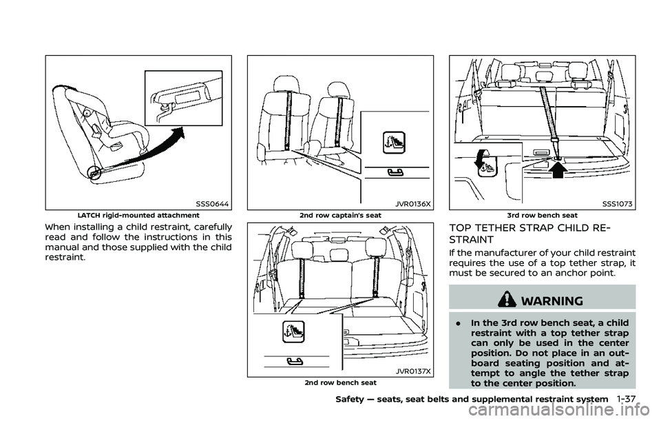 NISSAN ARMADA 2018  Owner´s Manual SSS0644
LATCH rigid-mounted attachment
When installing a child restraint, carefully
read and follow the instructions in this
manual and those supplied with the child
restraint.
JVR0136X
2nd row captai