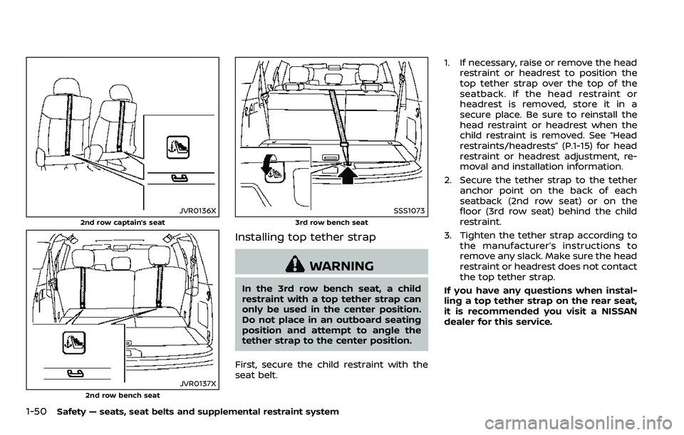 NISSAN ARMADA 2018  Owner´s Manual 1-50Safety — seats, seat belts and supplemental restraint system
JVR0136X
2nd row captain’s seat
JVR0137X
2nd row bench seat
SSS1073
3rd row bench seat
Installing top tether strap
WARNING
In the 3