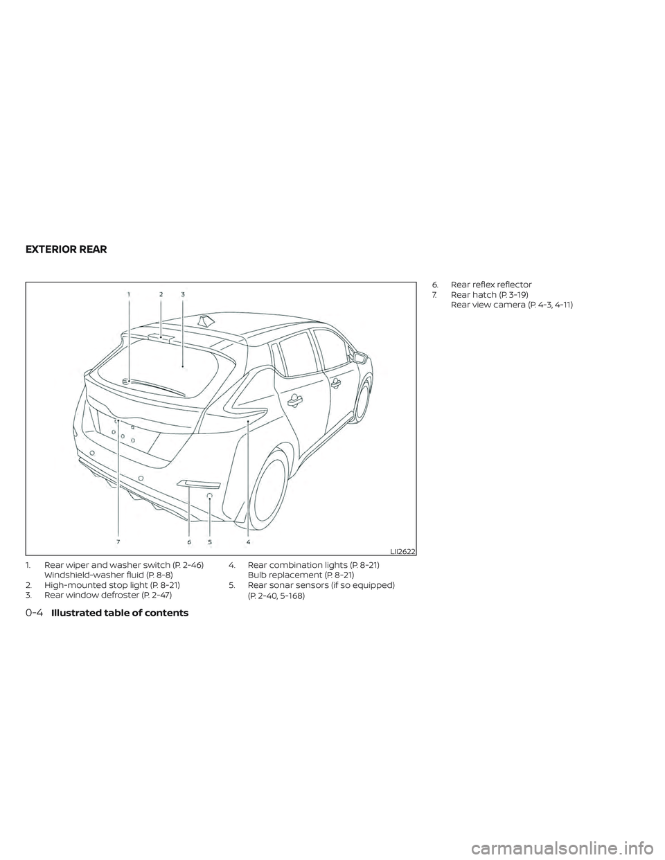 NISSAN LEAF 2022  Owner´s Manual 1. Rear wiper and washer switch (P. 2-46)Windshield-washer fluid (P. 8-8)
2. High-mounted stop light (P. 8-21)
3. Rear window defroster (P. 2-47) 4. Rear combination lights (P. 8-21)
Bulb replacement 