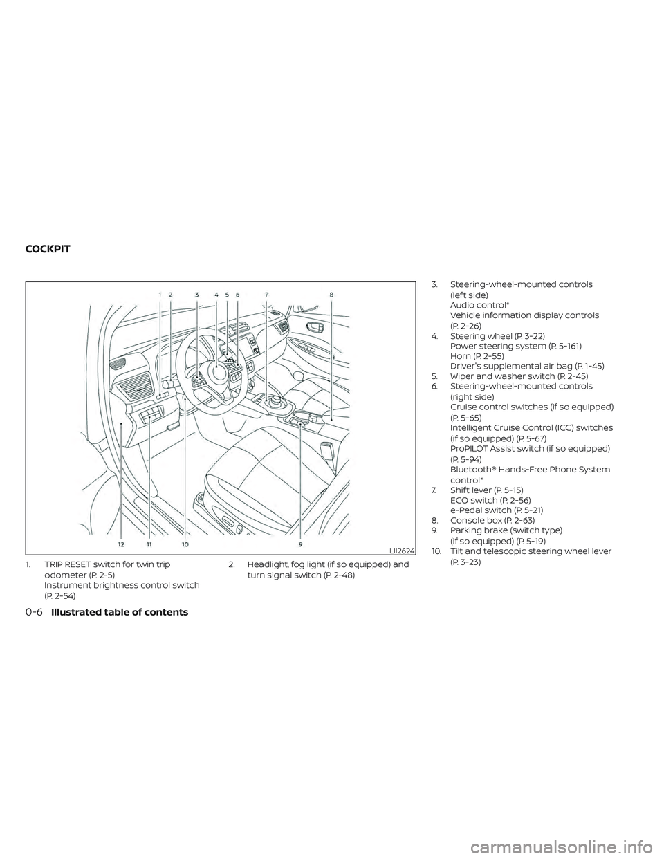 NISSAN LEAF 2022  Owner´s Manual 1. TRIP RESET switch for twin tripodometer (P. 2-5)
Instrument brightness control switch
(P. 2-54) 2. Headlight, fog light (if so equipped) and
turn signal switch (P. 2-48) 3. Steering-wheel-mounted c