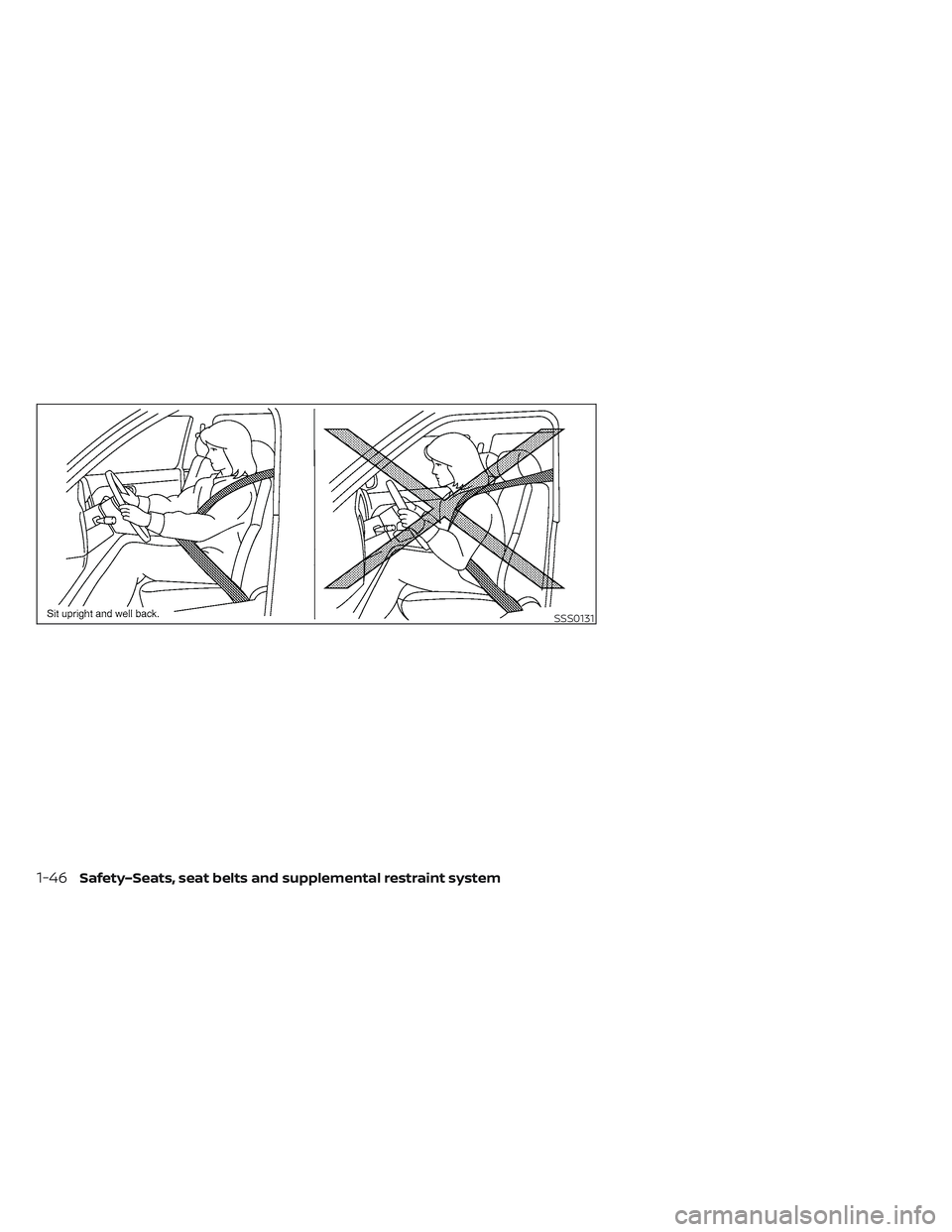 NISSAN LEAF 2022 Owner´s Manual SSS0131
1-46Safety–Seats, seat belts and supplemental restraint system NISSAN LEAF 2022 Owner´s Manual SSS0131
1-46Safety–Seats, seat belts and supplemental restraint system