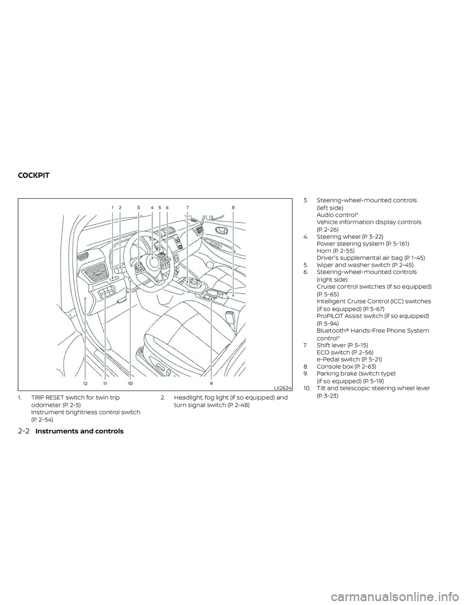 NISSAN LEAF 2022  Owner´s Manual 1. TRIP RESET switch for twin tripodometer (P. 2-5)
Instrument brightness control switch
(P. 2-54) 2. Headlight, fog light (if so equipped) and
turn signal switch (P. 2-48) 3. Steering-wheel-mounted c