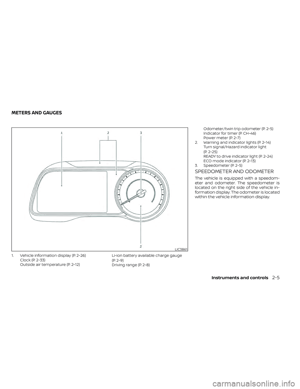 NISSAN LEAF 2022  Owner´s Manual 1. Vehicle information display (P. 2-26)Clock (P. 2-33)
Outside air temperature (P. 2-12) Li-ion battery available charge gauge
(P. 2-9)
Driving range (P. 2-8)Odometer/twin trip odometer (P. 2-5)
Indi
