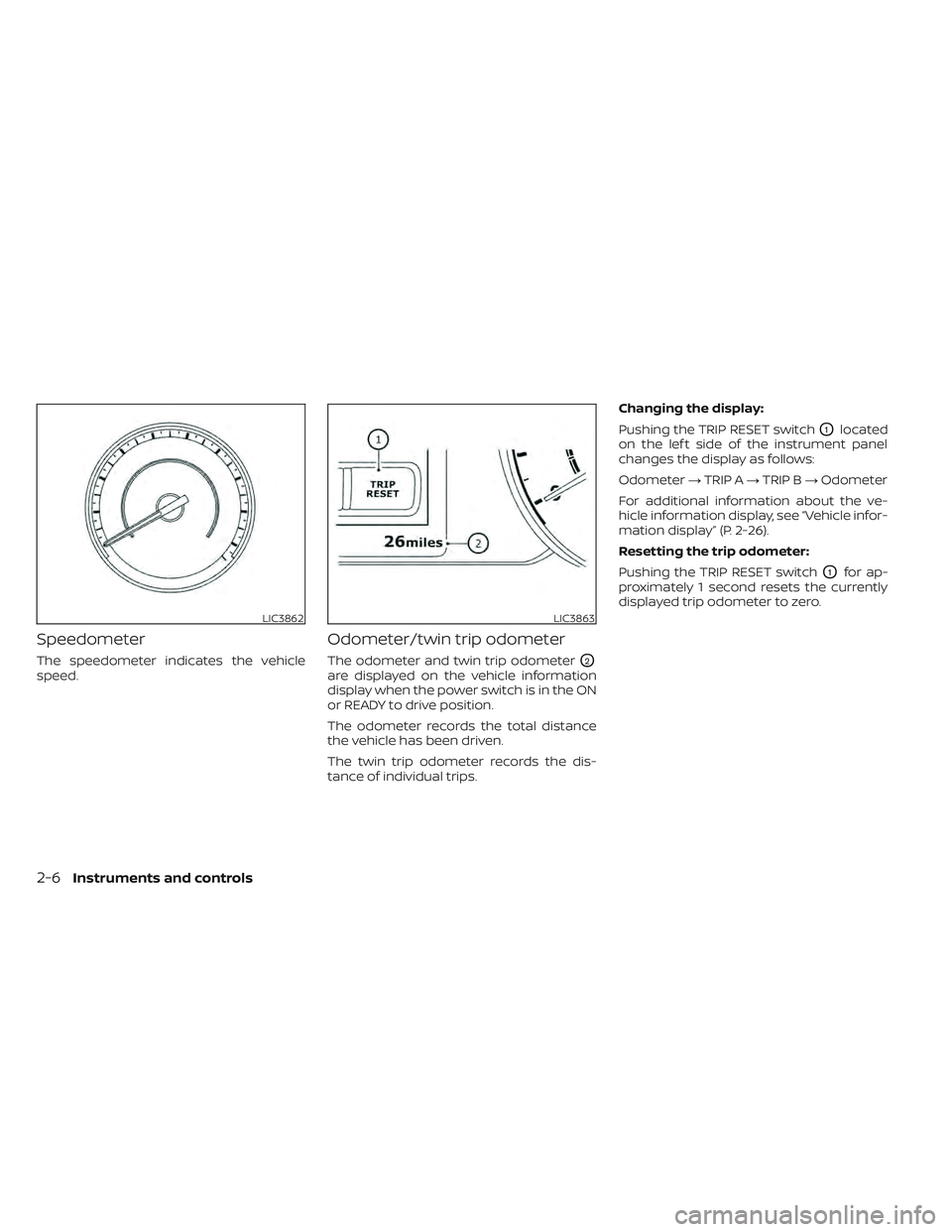NISSAN LEAF 2022  Owner´s Manual Speedometer
The speedometer indicates the vehicle
speed.
Odometer/twin trip odometer
The odometer and twin trip odometerO2
are displayed on the vehicle information
display when the power switch is in 