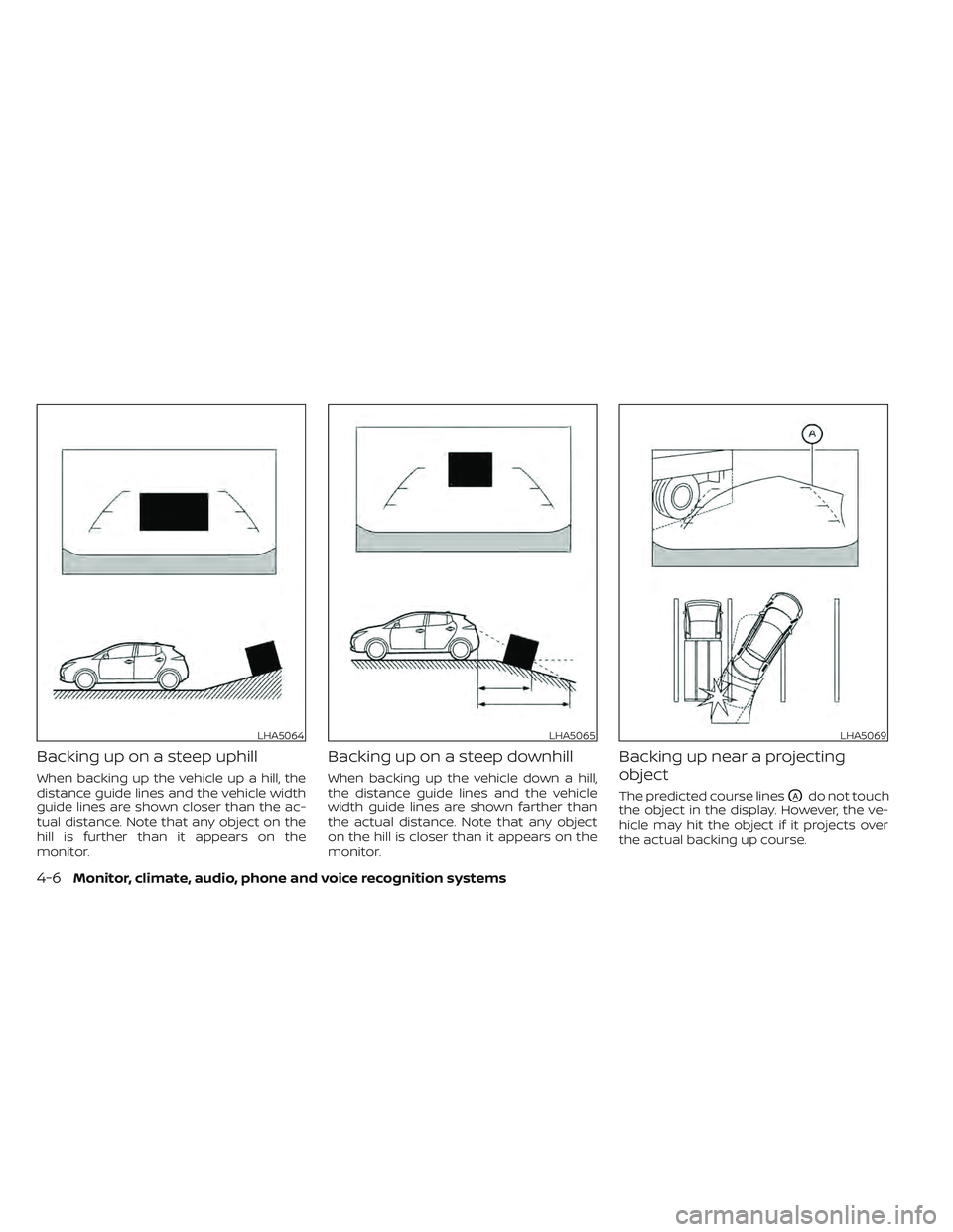 NISSAN LEAF 2022  Owner´s Manual Backing up on a steep uphill
When backing up the vehicle up a hill, the
distance guide lines and the vehicle width
guide lines are shown closer than the ac-
tual distance. Note that any object on the
