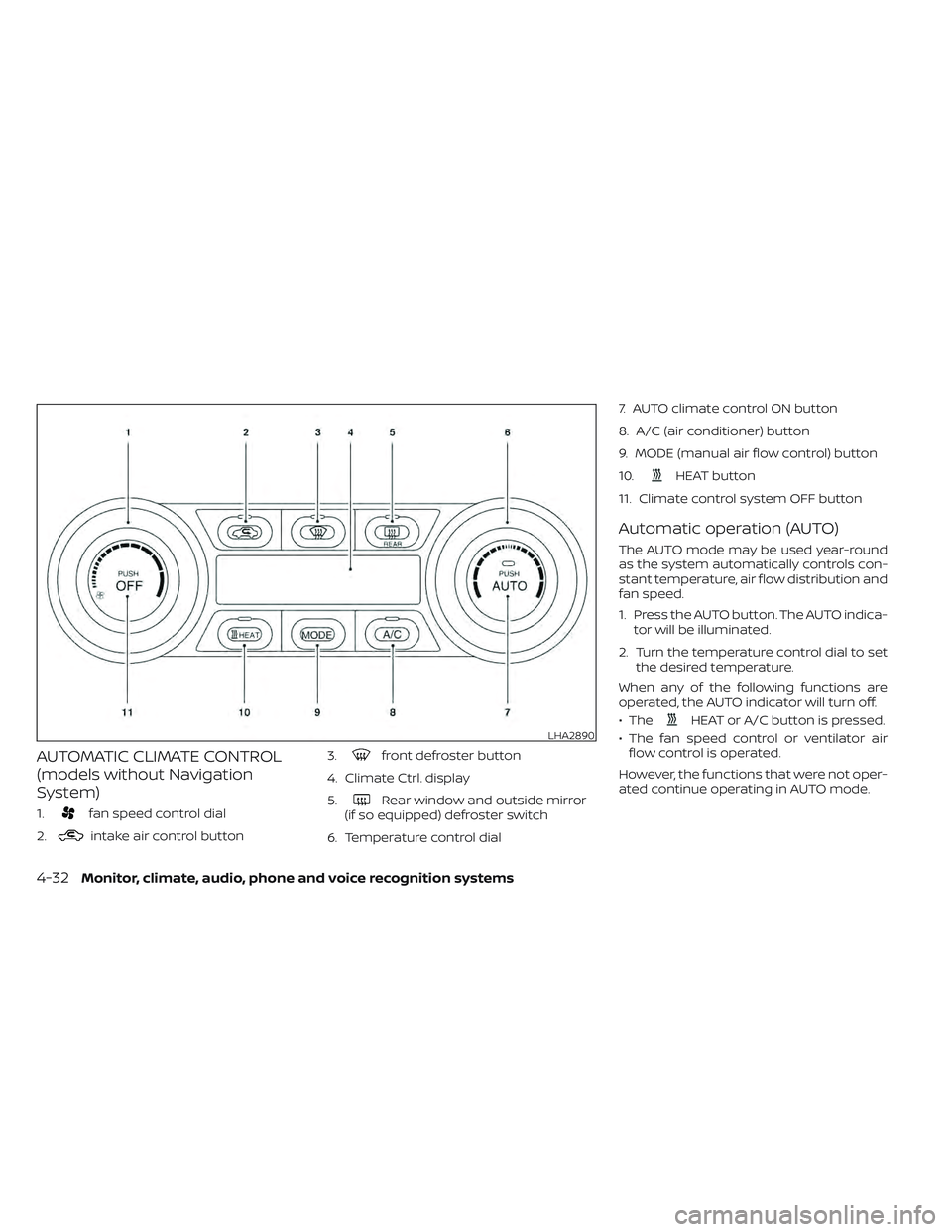 NISSAN LEAF 2022  Owner´s Manual AUTOMATIC CLIMATE CONTROL
(models without Navigation
System)
1.fan speed control dial
2.
intake air control button 3.
front defroster button
4. Climate Ctrl. display
5.
Rear window and outside mirror
