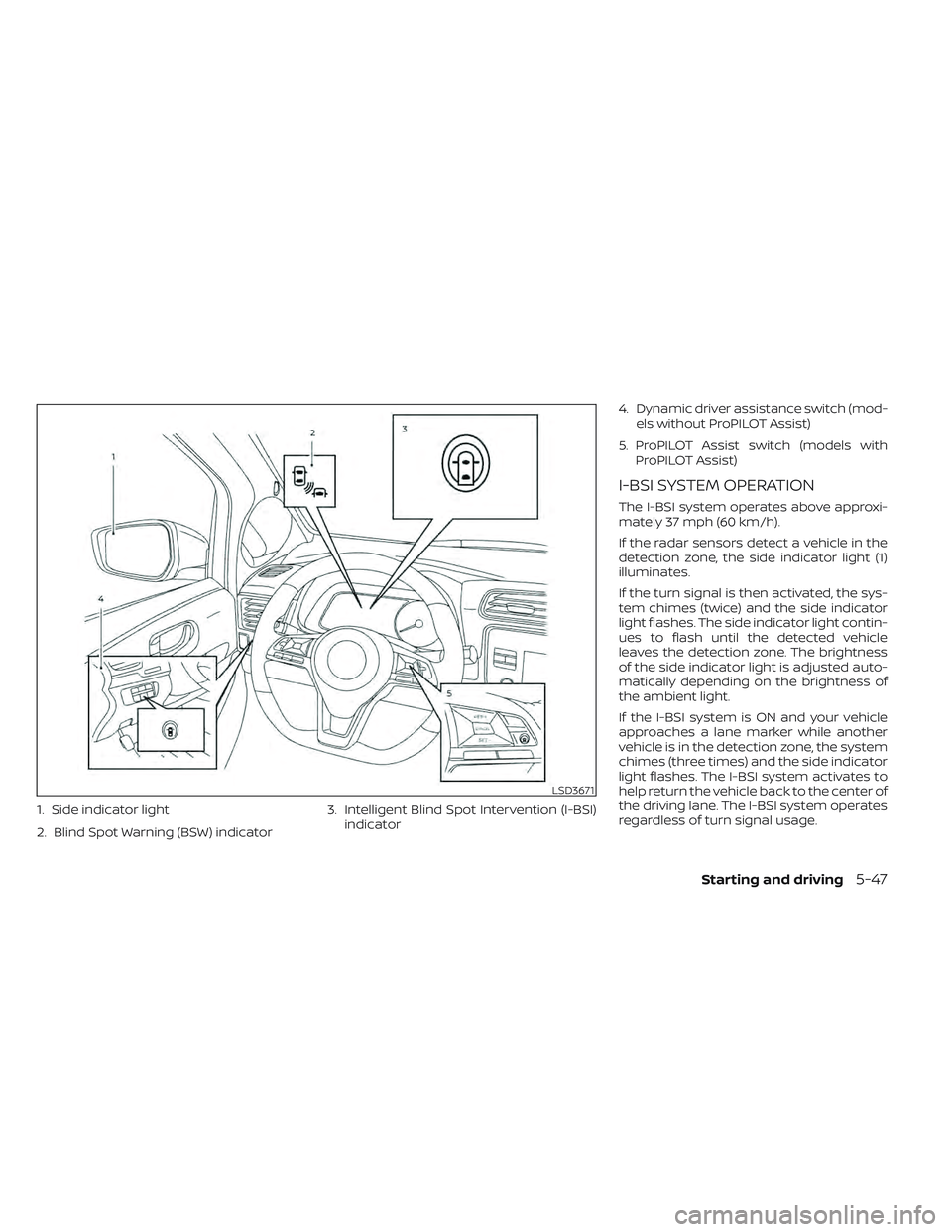 NISSAN LEAF 2022 Owner´s Manual 1. Side indicator light
2. Blind Spot Warning (BSW) indicator3. Intelligent Blind Spot Intervention (I-BSI)
indicator 4. Dynamic driver assistance switch (mod-
els without ProPILOT Assist)
5. ProPILOT NISSAN LEAF 2022 Owner´s Manual 1. Side indicator light
2. Blind Spot Warning (BSW) indicator3. Intelligent Blind Spot Intervention (I-BSI)
indicator 4. Dynamic driver assistance switch (mod-
els without ProPILOT Assist)
5. ProPILOT