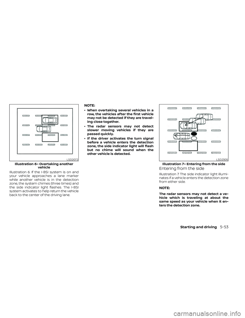 NISSAN LEAF 2022 Owner´s Manual Illustration 6: If the I-BSI system is on and
your vehicle approaches a lane marker
while another vehicle is in the detection
zone, the system chimes (three times) and
the side indicator light flashes NISSAN LEAF 2022 Owner´s Manual Illustration 6: If the I-BSI system is on and
your vehicle approaches a lane marker
while another vehicle is in the detection
zone, the system chimes (three times) and
the side indicator light flashes