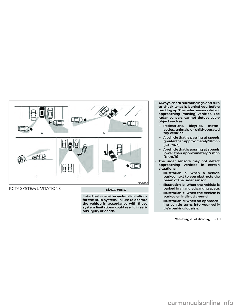 NISSAN LEAF 2022 Owner´s Manual RCTA SYSTEM LIMITATIONSWARNING
Listed below are the system limitations
for the RCTA system. Failure to operate
the vehicle in accordance with these
system limitations could result in seri-
ous injury NISSAN LEAF 2022 Owner´s Manual RCTA SYSTEM LIMITATIONSWARNING
Listed below are the system limitations
for the RCTA system. Failure to operate
the vehicle in accordance with these
system limitations could result in seri-
ous injury