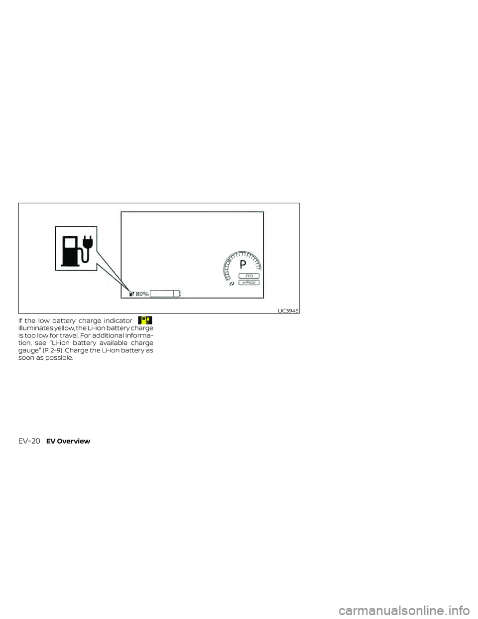 NISSAN LEAF 2022 Owner´s Manual If the low battery charge indicatorilluminates yellow, the Li-ion battery charge
is too low for travel. For additional informa-
tion, see "Li-ion battery available charge
gauge" (P. 2-9). Char NISSAN LEAF 2022 Owner´s Manual If the low battery charge indicatorilluminates yellow, the Li-ion battery charge
is too low for travel. For additional informa-
tion, see "Li-ion battery available charge
gauge" (P. 2-9). Char
