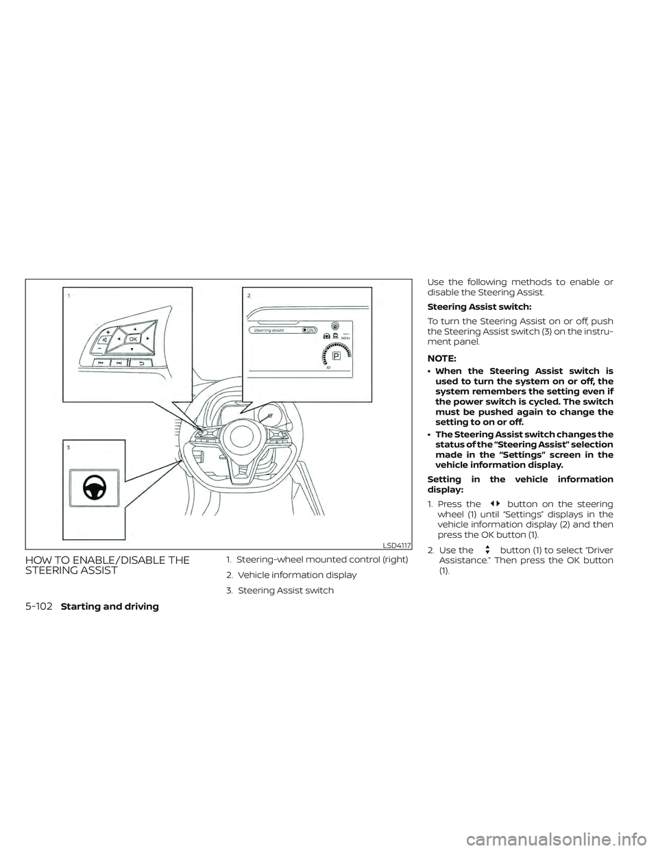 NISSAN LEAF 2022  Owner´s Manual HOW TO ENABLE/DISABLE THE
STEERING ASSIST1. Steering-wheel mounted control (right)
2. Vehicle information display
3. Steering Assist switchUse the following methods to enable or
disable the Steering A